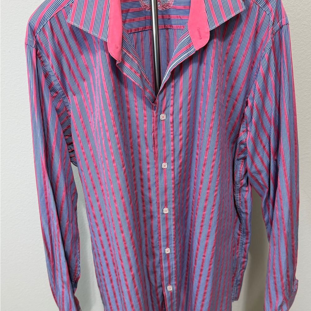 Bugatchi Blue and Pink Striped Button Down Shirt M3